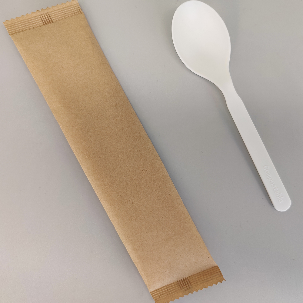 BPI certified HJ-PLA-06(PW) biodegradable compostable CPLA kraft paper wrapped spoon cutlery utensils tableware