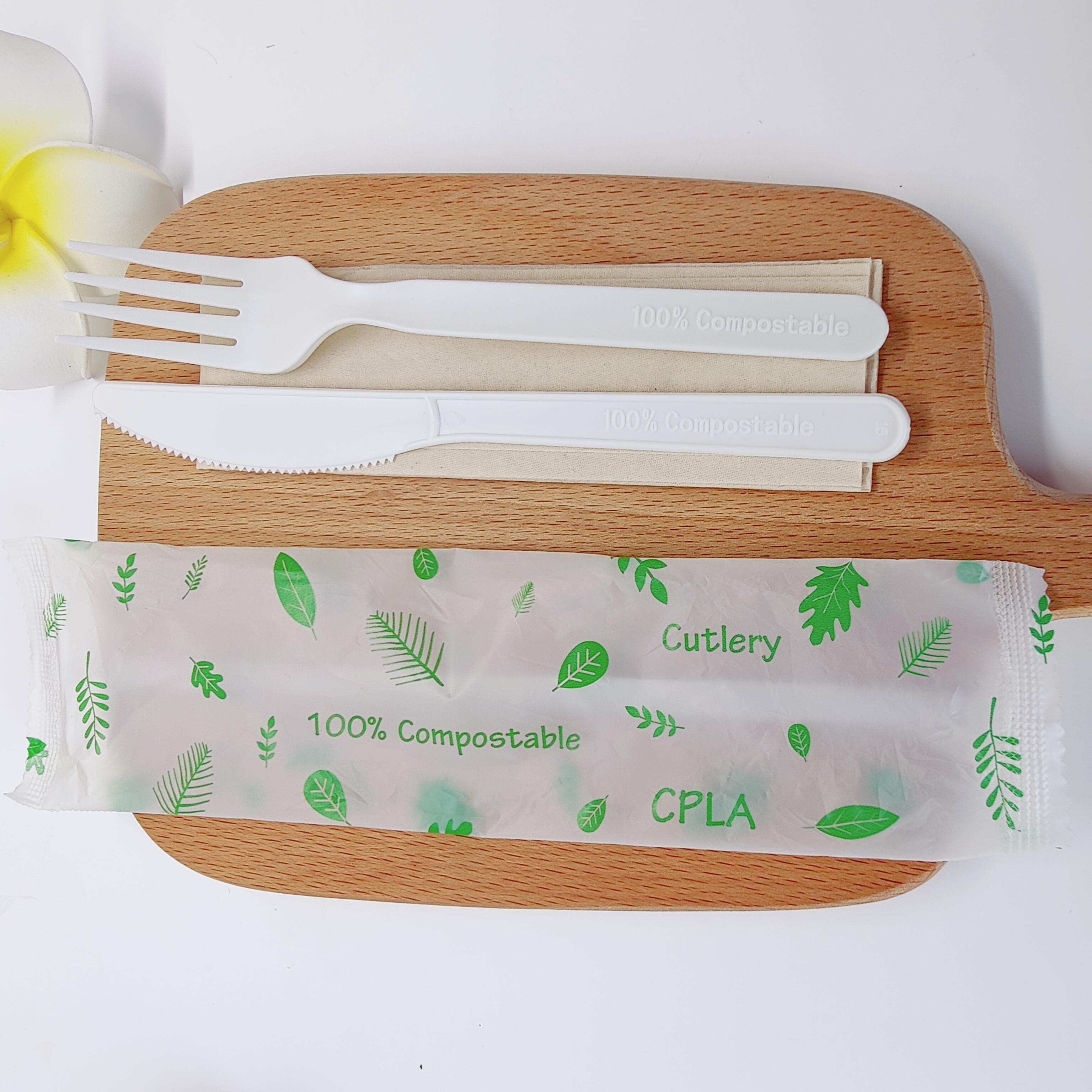GreenWorks HJ-PLA-13(CWN) 100% Compostable CPLA 7" Heavyweight Disposable Biodegradable compostable utensils Cutlery set fork and knife set dinnerware sets