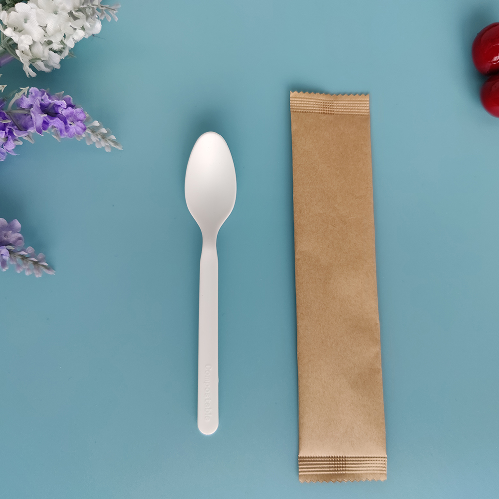 HJ-PLA-08(PW)5 inch CPLA spoon disposable biodegradable compost eco-friendly wrapped utensils cafe spoon