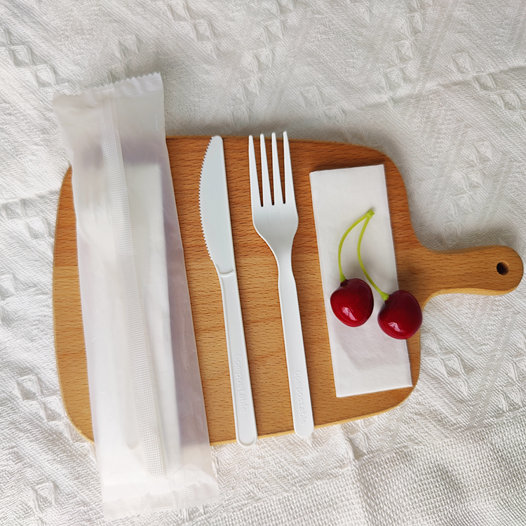 GreenWorks HJ-PLA-57(CWN) wholesale disposable dinnerware utensil cutlery sets biodegradable fork and knife napkin individually wrapped