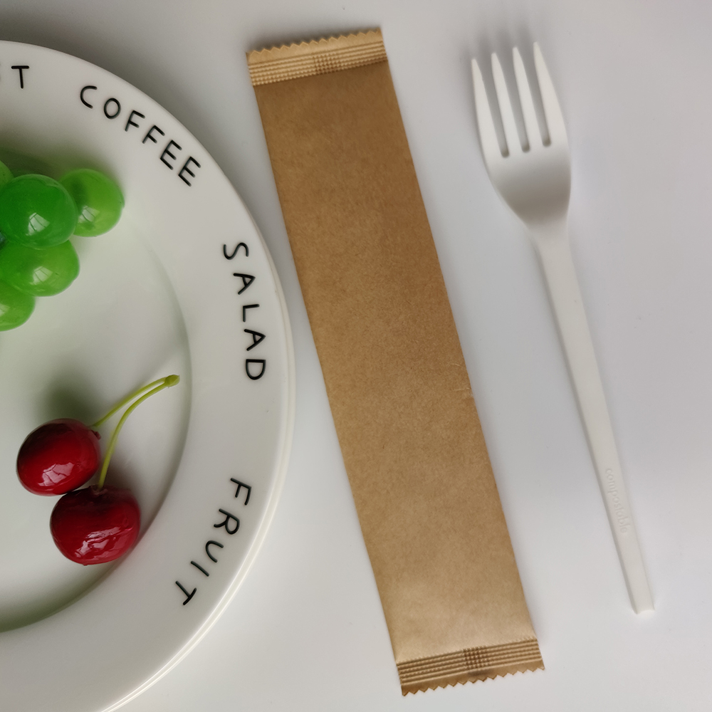 BPI Certified HJ-PLA-18(PW) CPLA fork with Kraft paper individually wrapped food grade disposable eco-friendly compostable biodegradable tableware fork utensils
