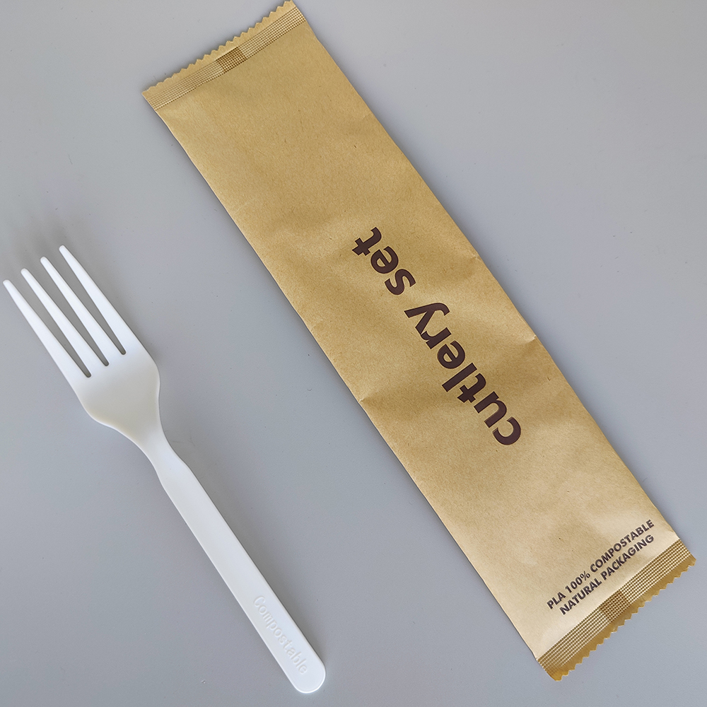 BPI certified HJ-PLA-05(PW)disposable compostable eco-friendly biodegradable CPLA forks sets with kraft paper wrapped utensils