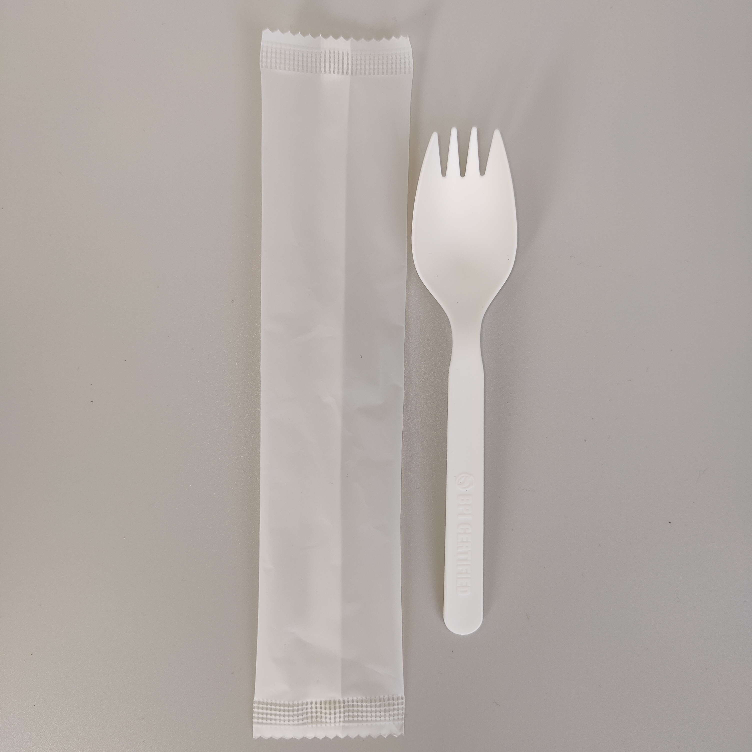 GreenWorks HJ-PLA-21(CW) disposable eco friendly biodegradable compostable CPLA utensils spork for takeaway flatware sets with compostable film individually wrapped