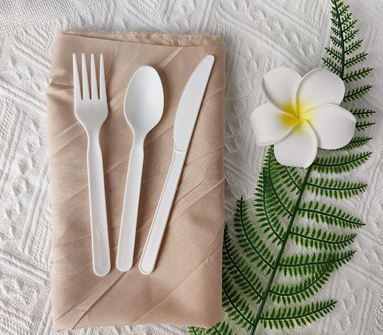 Greenworks 2022 HJ-PLA-09(CWN)7 inch biodegradable compostable CPLA Sturdy disposable cutlery Kit sets with eco friendly fork spoon and knife tableware set