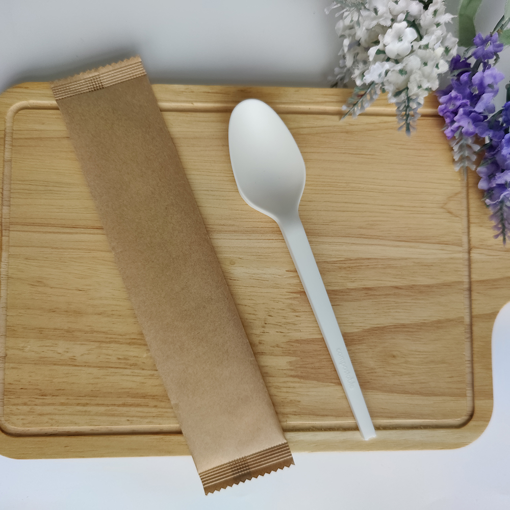 BPI Certified HJ-PLA-19(PW) CPLA spoon food with Kraft paper individually wrapped grade disposable eco-friendly compostable biodegradable tableware spoon utensils sets