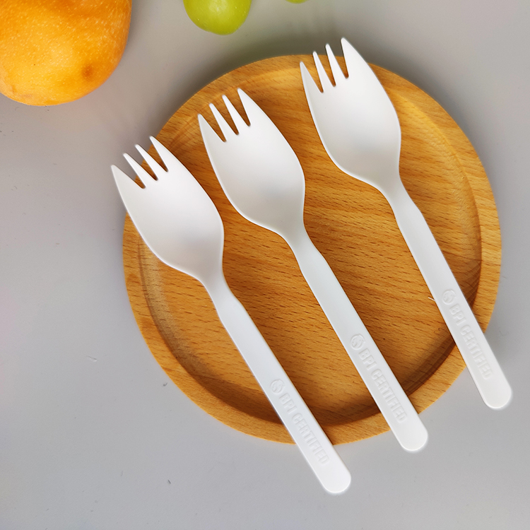 GreenWorks HJ-PLA-21(CW) disposable eco friendly biodegradable compostable CPLA utensils spork for takeaway flatware sets with compostable film individually wrapped
