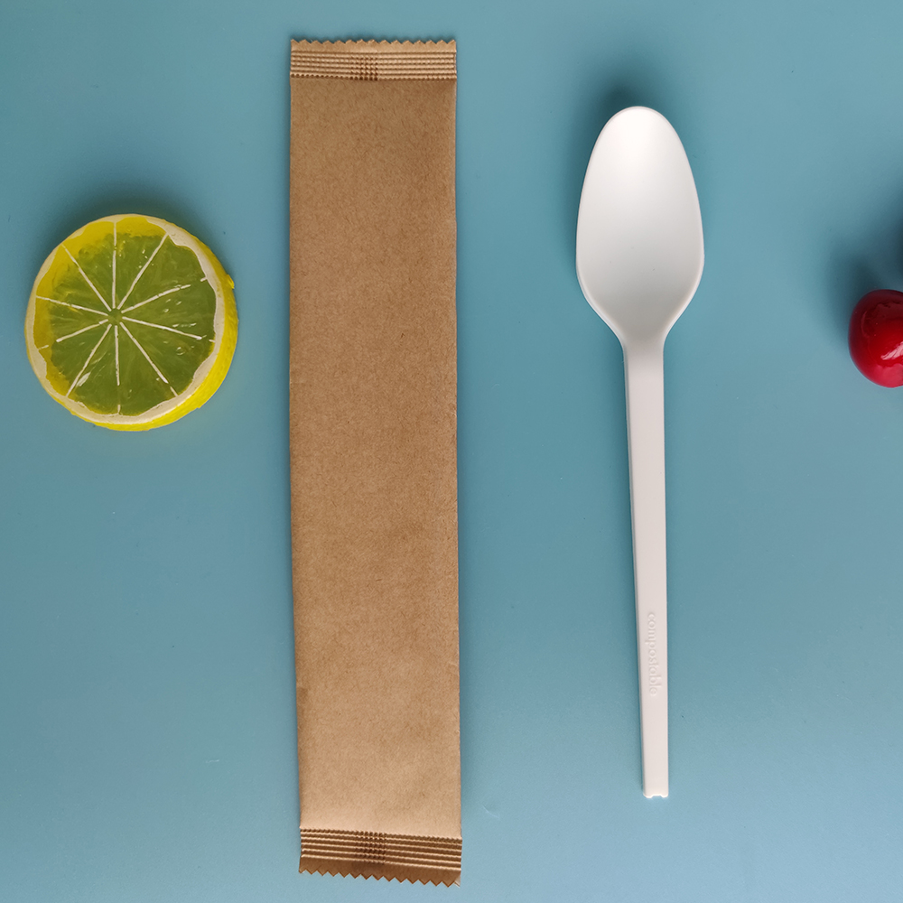 BPI Certified HJ-PLA-19(PW) CPLA spoon food with Kraft paper individually wrapped grade disposable eco-friendly compostable biodegradable tableware spoon utensils sets
