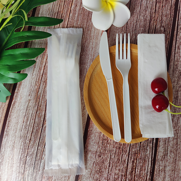 GreenWorks HJ-PLA-57(CWN) wholesale disposable dinnerware utensil cutlery sets biodegradable fork and knife napkin individually wrapped