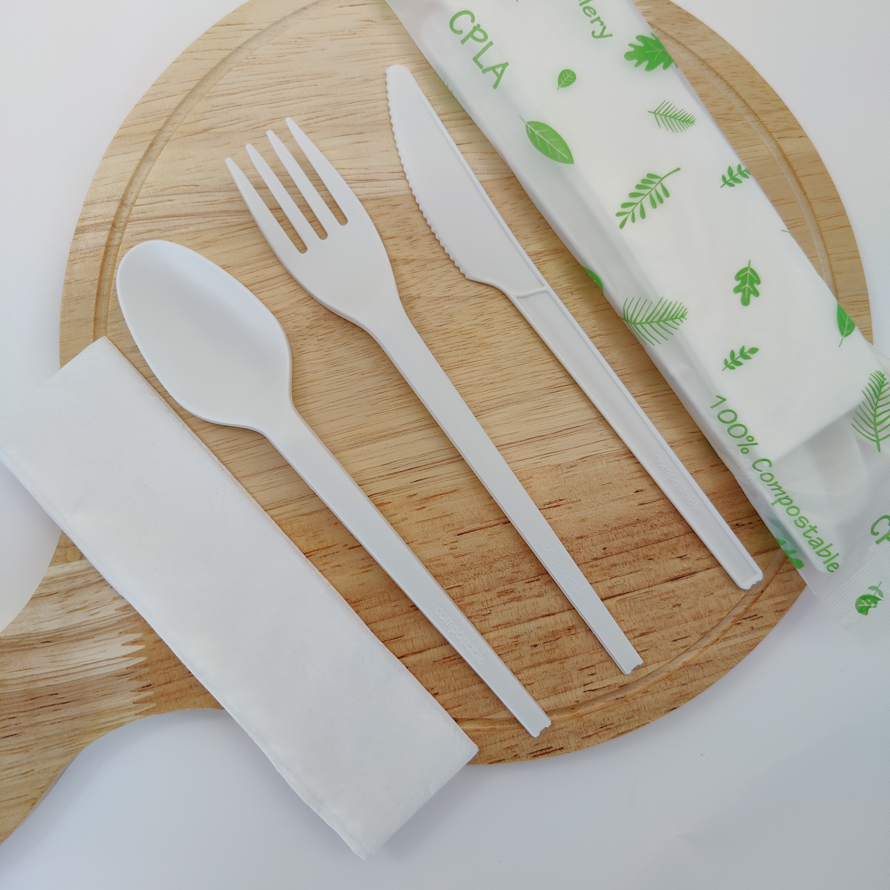 Greenworks HJ-PLA-1890(CWN)CPLA biodegradable cutlery,eating utensils environmentally friendly cutlery Spoon Wrapped dinnerware sets