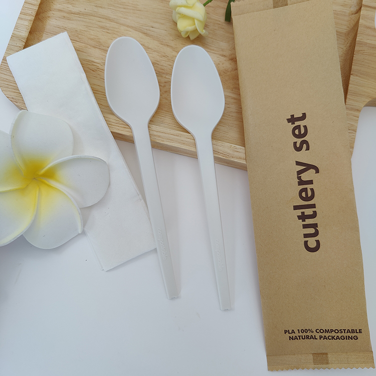 BPI Certified HJ-PLA-19(PW) CPLA spoon food with Kraft paper individually wrapped grade disposable eco-friendly compostable biodegradable tableware spoon utensils sets