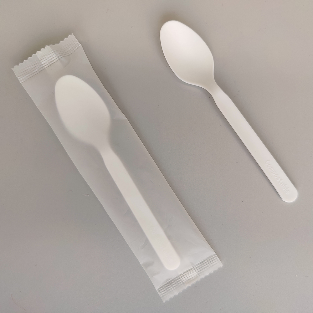 GreenWorks HJ-PLA-08(CW) hot selling Disposable Eco-friendly Biodegradable Compostable CPLA spoon utensils individually wrapped