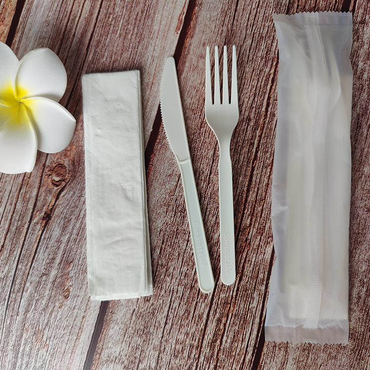 GreenWorks HJ-PLA-57(CWN) wholesale disposable dinnerware utensil cutlery sets biodegradable fork and knife napkin individually wrapped