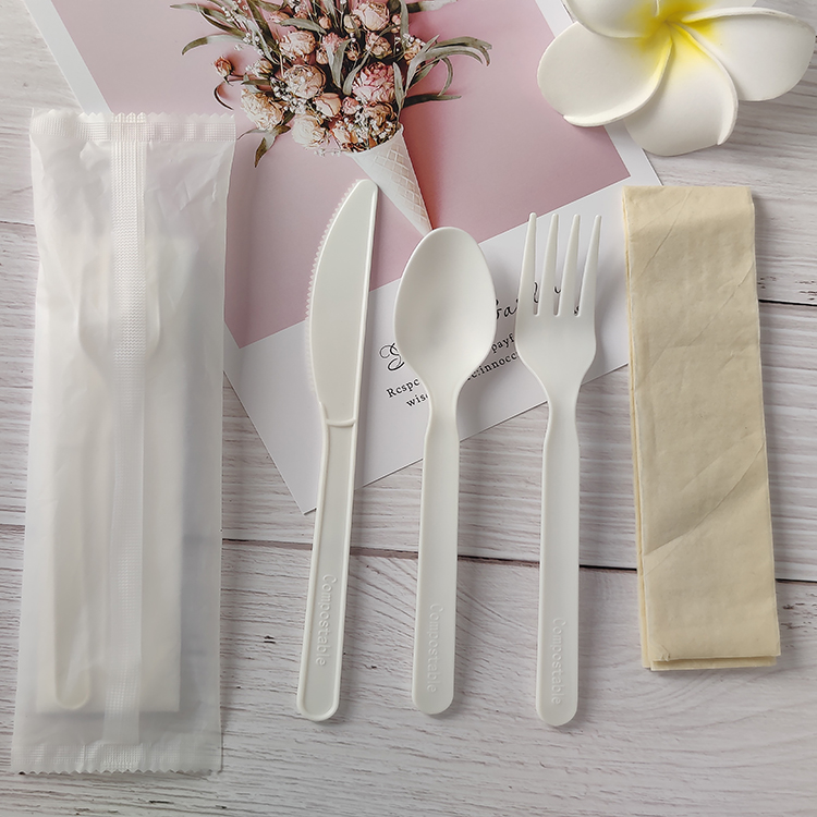 Greenworks 2022 HJ-PLA-09(CWN)7 inch biodegradable compostable CPLA Sturdy disposable cutlery Kit sets with eco friendly fork spoon and knife tableware set