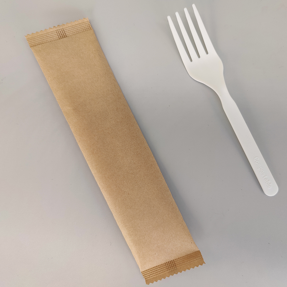 BPI certified HJ-PLA-05(PW)disposable compostable eco-friendly biodegradable CPLA forks sets with kraft paper wrapped utensils